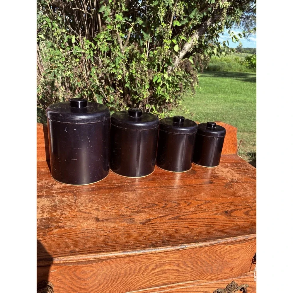 Vintage Ransburg Black Rooster Canister Set Of 4 Metal  50s 60s Farmhouse Decor